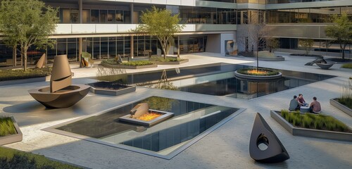 Wall Mural - A modern office building courtyard with a geometrically shaped pool, surrounded by contemporary sculptures and fire pits, serving as a central gathering space for employees. 