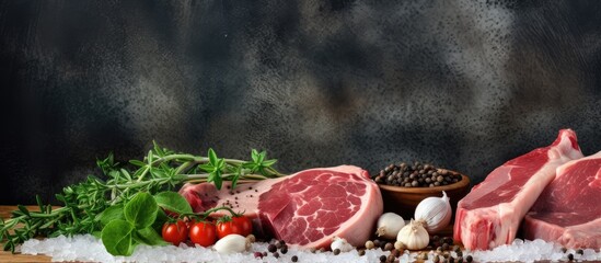 Poster - The ingredients for cooking include fresh raw pork meat seasoned with salt pepper and arugula displayed against a food background with ample copy space
