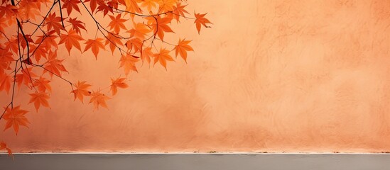 Poster - An orange wall is graced by the delicate gray shadows of maple tree leaves creating an abstract autumn background The overlay effect adds depth and emphasis to the image Ample copy space is provided