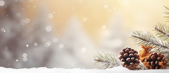 Aufkleber - Festive Christmas copy space image features a snowy white spruce branch adorned with cones on a golden background perfect for adding text