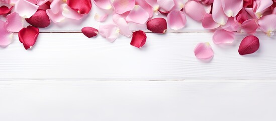 Poster - Rose flowers and petals are beautifully arranged on a white wooden table background alongside a cosmetic cream The composition creates a stunning copy space image