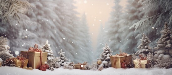 Poster - A beautiful Christmas background with gifts resting on the branches of the fir and thuja trees Copy space image for the new year celebration
