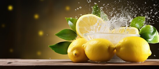 Poster - A fresh lemon is being sprinkled from a basket over a wooden background in this copy space image