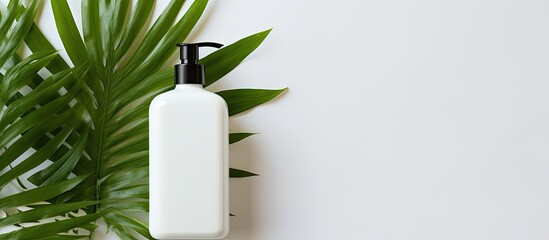 Poster - The shower gel or liquid soap is contained in a white bottle with a dispenser against a white background with green plant leaves for contrast There is copy space available