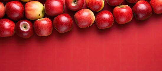 Poster - A vibrant image displaying fresh apples arranged in a flat lay composition on a red background with ample space available for adding text