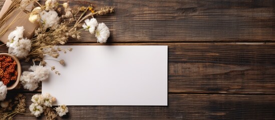 Poster - Top view of an invitation or greeting card mockup placed on a wooden background adorned with dry flowers There is plenty of empty space for customization. Creative banner. Copyspace image