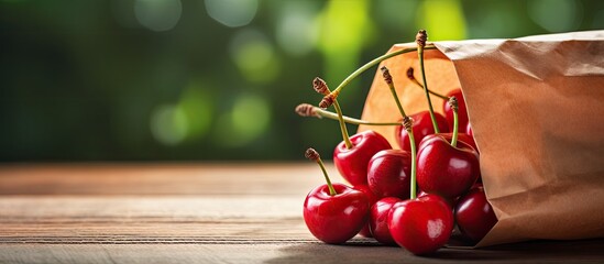 Poster - A close up of cherries stored in a kraft paper bag to avoid using plastic bags that can cause contamination Copy space image