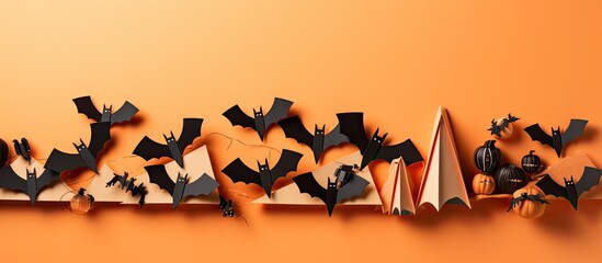 Poster - From above there is a view of a bulletin board decorated with spooky wooden blocks and paper bat mice on an orange background The image provides copy space and conveys the concept of the Halloween ho
