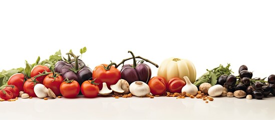 Wall Mural - A copy space image of fresh tomatoes olives garlic and hard cheese placed on a white background