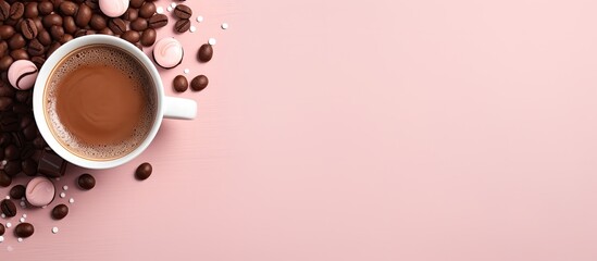 Aufkleber - A top down flat lay view of a cup of steaming hot chocolate accompanied by milk chocolate pieces containing almonds all placed on a pink background with ample empty space for use