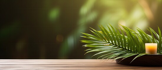 Aufkleber - Aesthetic copy space image of a spa setting with a palm leaf placed delicately on a wooden table
