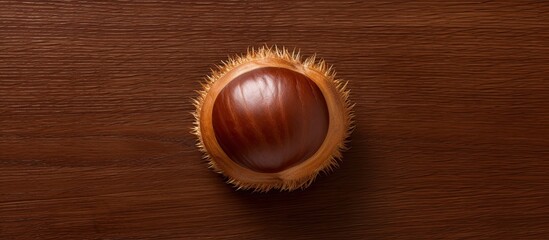 Wall Mural - Top view of an edible chestnut on a brown background with copy space image