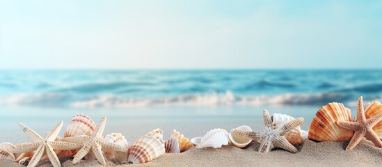 Poster - A sandy background adorned with sea shells providing ample room for a copy space image