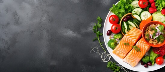 Poster - A top view of a ketogenic keto or paleo diet lunch bowl featuring a salted salmon salad with fresh green lettuce cucumbers tomato bell pepper and red onion with copy space image