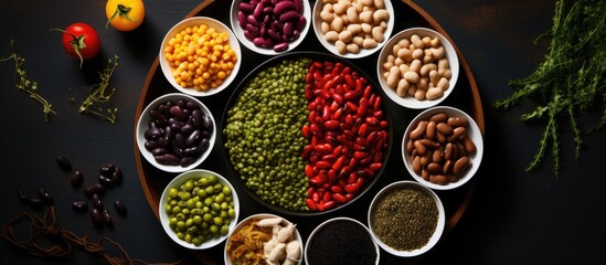 Poster - A top view of a lentil based dish with a variety of beans served in a set menu concept is showcased against a food background with ample copy space