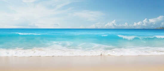 Aufkleber - A serene tropical beach with soft sand and gentle ocean waves that create a soothing atmosphere Perfect for a copy space image
