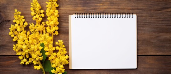 Aufkleber - Copy space image of yellow barberry flowers and a blank notepad placed on a rustic wooden background
