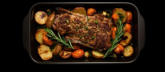 Poster - Top view of a copy space image showcasing a baking dish filled with roasted lamb mutton leg potatoes and rosemary set against a white background