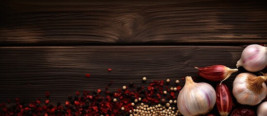 Poster - Top view of garlic shallots and dried chili on a wooden background This copy space image portrays a tantalizing food concept with essential ingredients for cooking