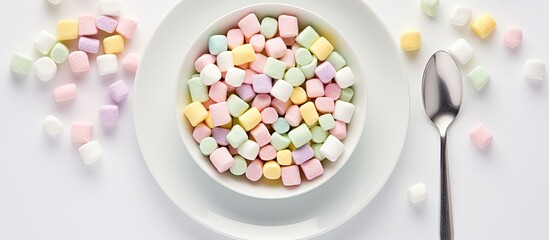 Poster - A flat lay composition featuring colorful light marshmallows on a white plate with a spoon against a white background This copy space image showcases a delightful and sweet food concept from a top vi