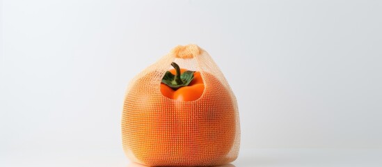 Poster - A ripe orange persimmon is displayed in a mesh shopping bag set against a white background with empty space available for adding text. Creative banner. Copyspace image