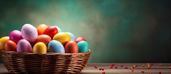 Fototapete - Colorful Easter eggs in a woven basket on a colored background portraying a holiday concept with ample space for text or images