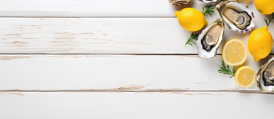 Aufkleber - A seafood dish featuring fresh oysters accompanied by lemon beautifully presented in a top view composition on a white wooden background with ample copy space available