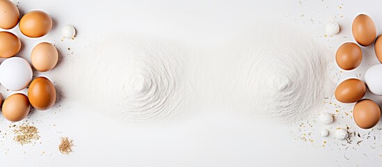 Aufkleber - Top view of eggs and flour on a white background creating a copy space image for baking preparation