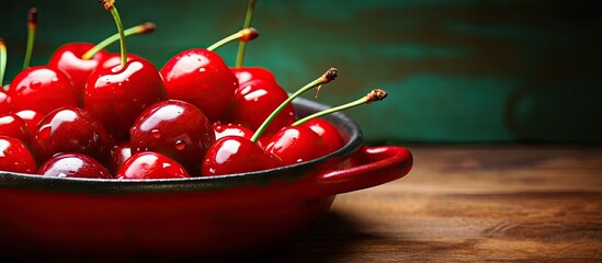 Poster - An old pan with copy space showcases a closeup of a juicy red cherry creating a visually appealing horizontal image