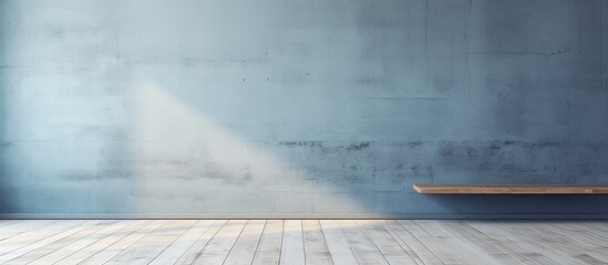 Poster - A blank studio room with a blue concrete wall white wooden floor and copy space image for mockup templates