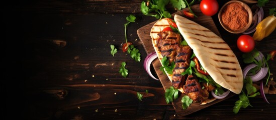 Aufkleber - Top view of a healthy lunch with a grilled chicken sandwich made with fresh pita bread filled with onions and greens served on a dark wooden background Shashlik or shish kebab Image provides copy spa