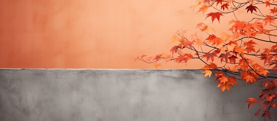 Poster - An orange wall is graced by the delicate gray shadows of maple tree leaves creating an abstract autumn background The overlay effect adds depth and emphasis to the image Ample copy space is provided