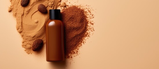 Poster - A natural hair coloring option with henna powder cream and liquid in a bottle placed on a beige background in a flat lay arrangement with room for text. Creative banner. Copyspace image
