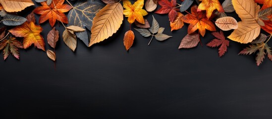 Poster - Autumn colored leaves scattered on a black chalkboard with ample space for adding text or graphics Ideal for flat lay photography or back to school themes