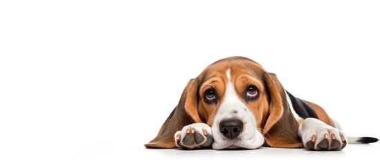 Poster - A beautiful tri color beagle dog climbs and lies down on a white isolated background in a studio The puppy gazes directly ahead while the image offers space for text and advertisements