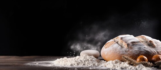 Poster - Copy space image of a black baking background with flour scattered on a board creating a depiction of the bakery and home bread making concept