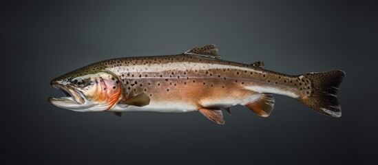 Poster - Trout fish on gray background with copy space image wrapped in paper