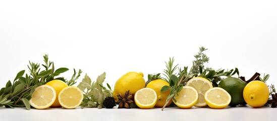 Poster - A copy space image showcasing the combination of lemon and thyme ingredients against a white background