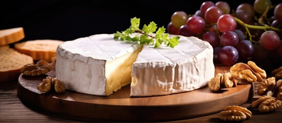Poster - A mouthwatering copy space image featuring Camembert cheese garnished with crunchy walnuts and juicy grapes