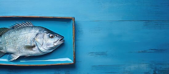Aufkleber - A top down view of a whole uncooked and organic sea perch fish placed on a blue dish with ample room for additional text or images
