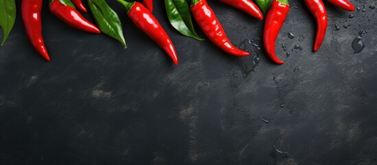 Poster - Flat lay of five vibrant red chilli peppers arranged on a sleek black slate board leaving ample room for additional elements in the copy space image