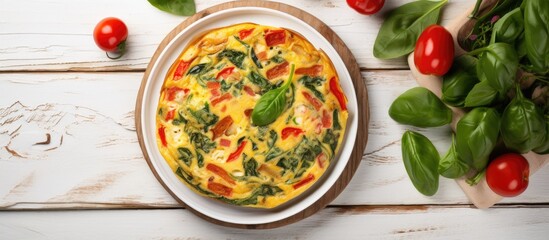 Top view of a delectable Italian Frittata artfully prepared with spinach tomatoes onion and peppers Beautifully presented on a white wooden table the image showcases a perfect dish Abundant copy spac