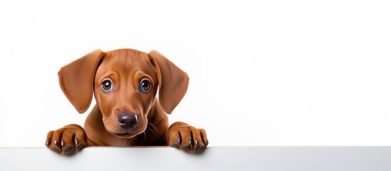 Poster - An adorable red dog sits on a white background in a copy space image