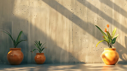 Aufkleber - Architecture background with clay pots on concrete wall interior Summer tropical natural aesthetic design Cement pastel facade with shadow light Rustic building space scene Minimal moc : Generative AI