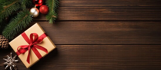 Canvas Print - Top view image of a Christmas greeting card featuring a beautifully arranged present box gifts fir tree cone and candy canes on a wooden background allowing for copy space