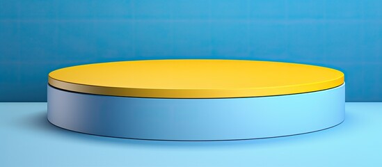 Poster - A light blue podium platform sits on a blue and yellow background resembling a blank round geometric shape The image is a top view designed for product display purposes and the background features an