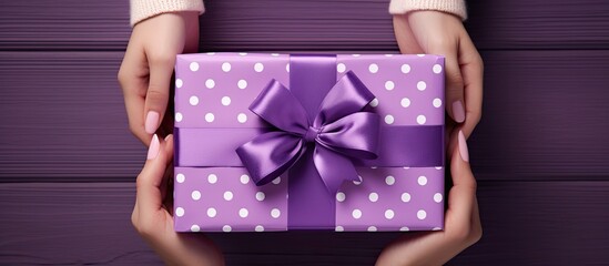 Poster - Top view of female hands packing a gift in shiny violet polka dot paper copy space image