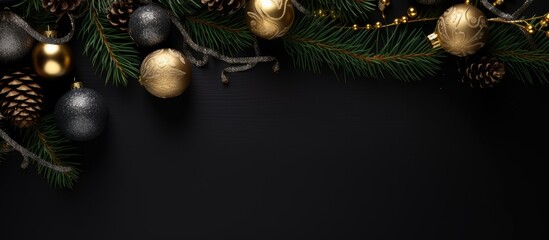 Poster - A festive New Year greeting card showcasing Christmas decorations xmas tree branches all elegantly arranged on a black background The top view offers a charming copy space image