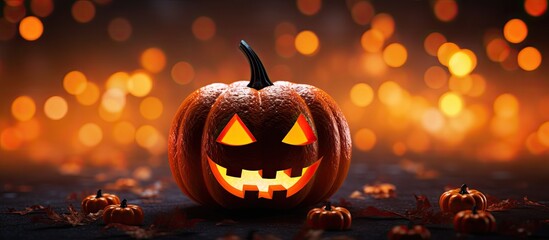 Poster - An image showcasing a vibrant Halloween theme with a carved pumpkin bats silhouetted against an orange backdrop and a beautifully illuminated bokeh background 190 characters. Creative banner
