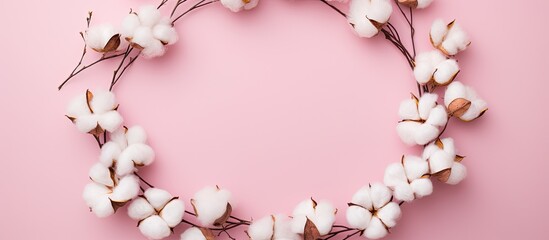 Aufkleber - A creative arrangement of cotton flowers forms a circular shape on a pink background creating a minimal and artistic composition Copy space image